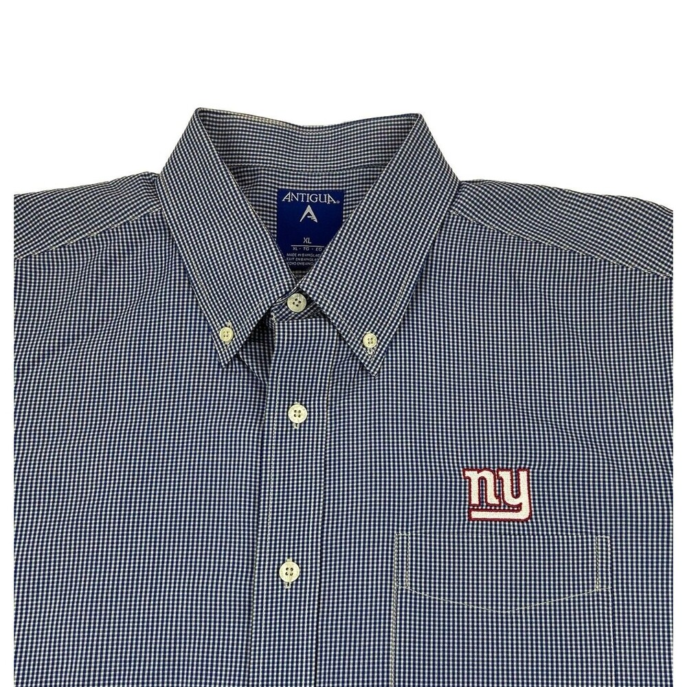 NY Giants NFL Button Up Shirt Mens XL Blue White Check Long Sleeve Button Collar
